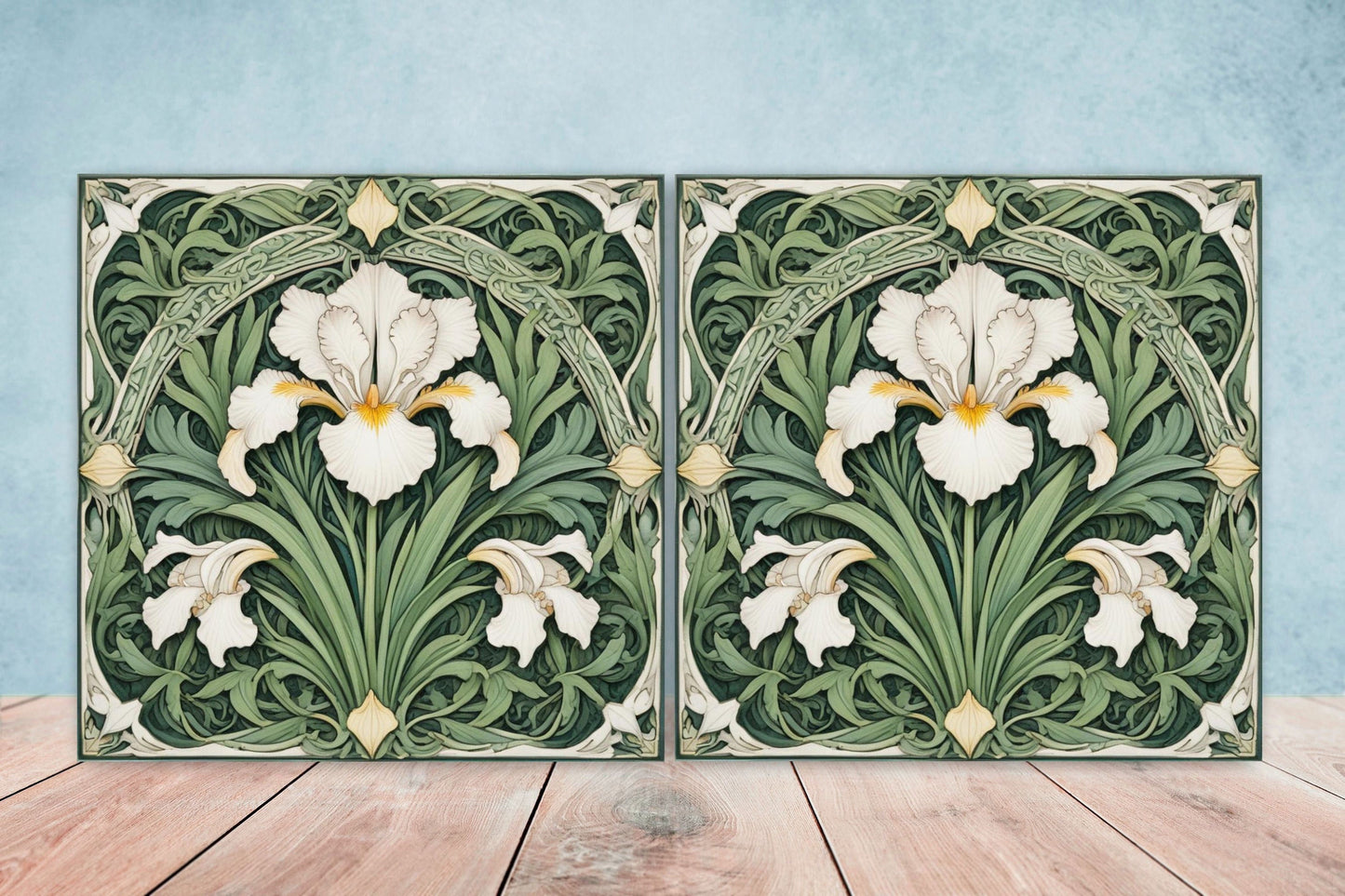 Art Nouveau Flower Ceramic Tiles - Set of 2 Art Nouveau Wall Decor Tiles - Kitchen Backsplash Tiles, Table Decorative Tiles, Bathroom Tiles
