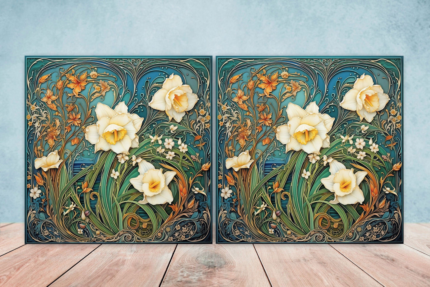 Art Nouveau Flower Ceramic tiles - Set of 2 Art Nouveau Wall Decor Tiles - Kitchen Backsplash Tiles, Table Decorative Tiles, Bathroom Tiles