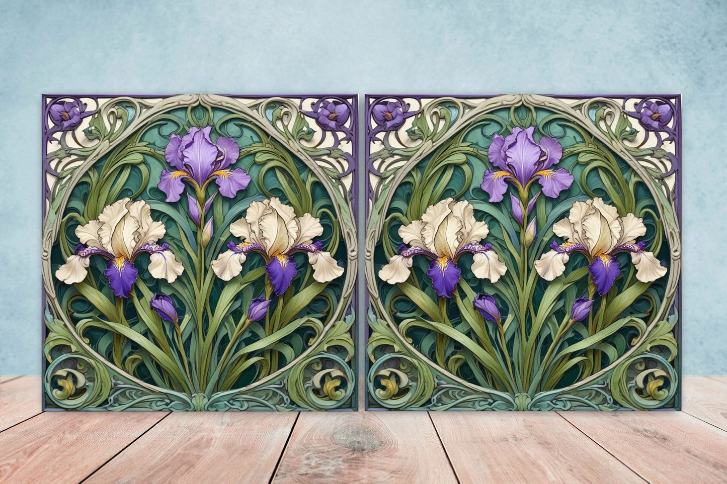 Art Nouveau Flower Ceramic Tiles - Set of 2 Art Nouveau Wall Decor Tiles - Kitchen Backsplash Tiles, Table Decorative Tiles, Bathroom Tiles