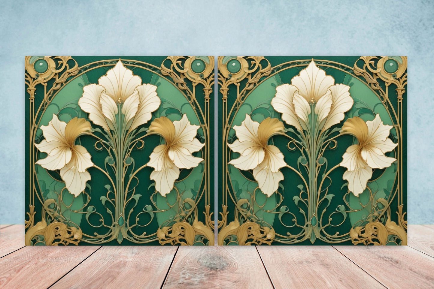 Art Nouveau Flower Ceramic Tiles - Set of 2 Art Nouveau Wall Decor Tiles - Kitchen Backsplash Tiles, Table Decorative Tiles, Bathroom Tiles