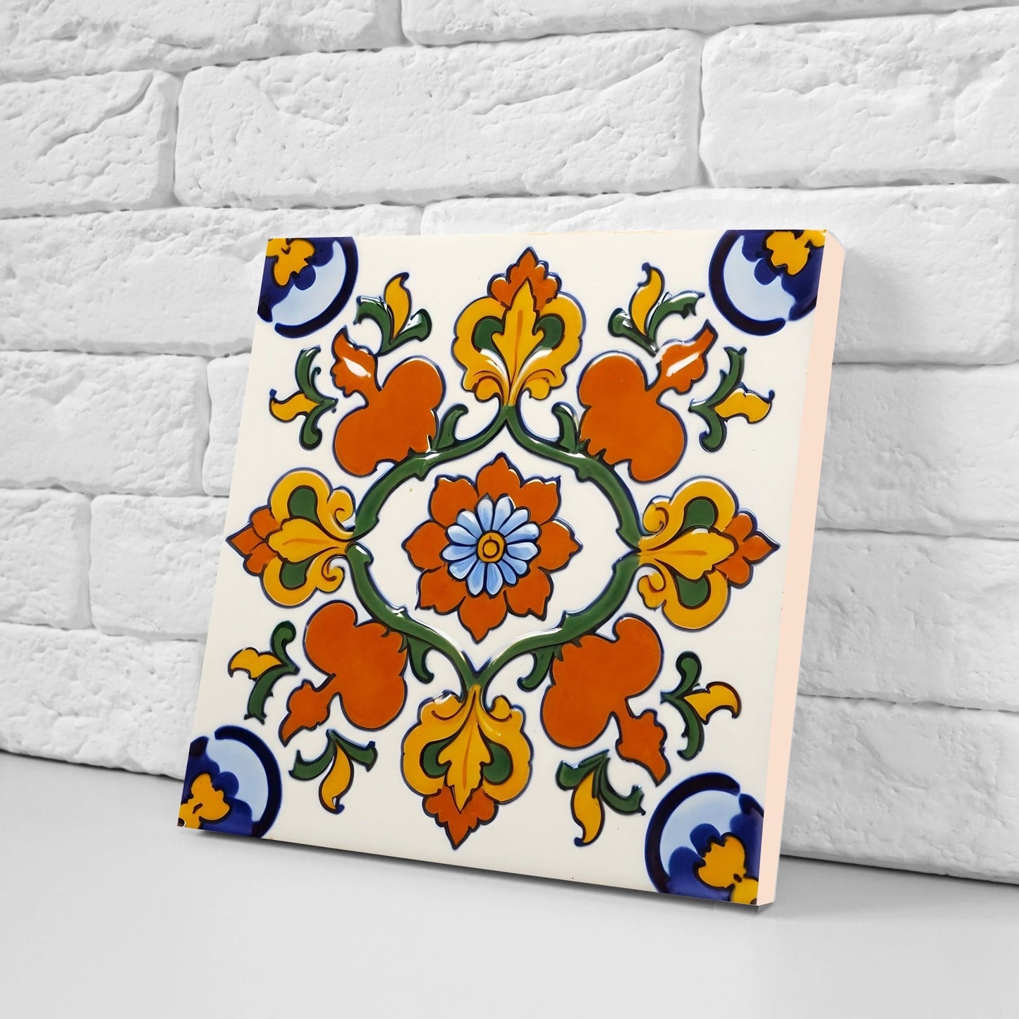 Spanish Ceramic Flower Tiles - Set of 2 Spanish Wall Decor Tiles - Kitchen Backsplash Tiles, Table Decorative Tiles, Bathroom Tiles, Coaster