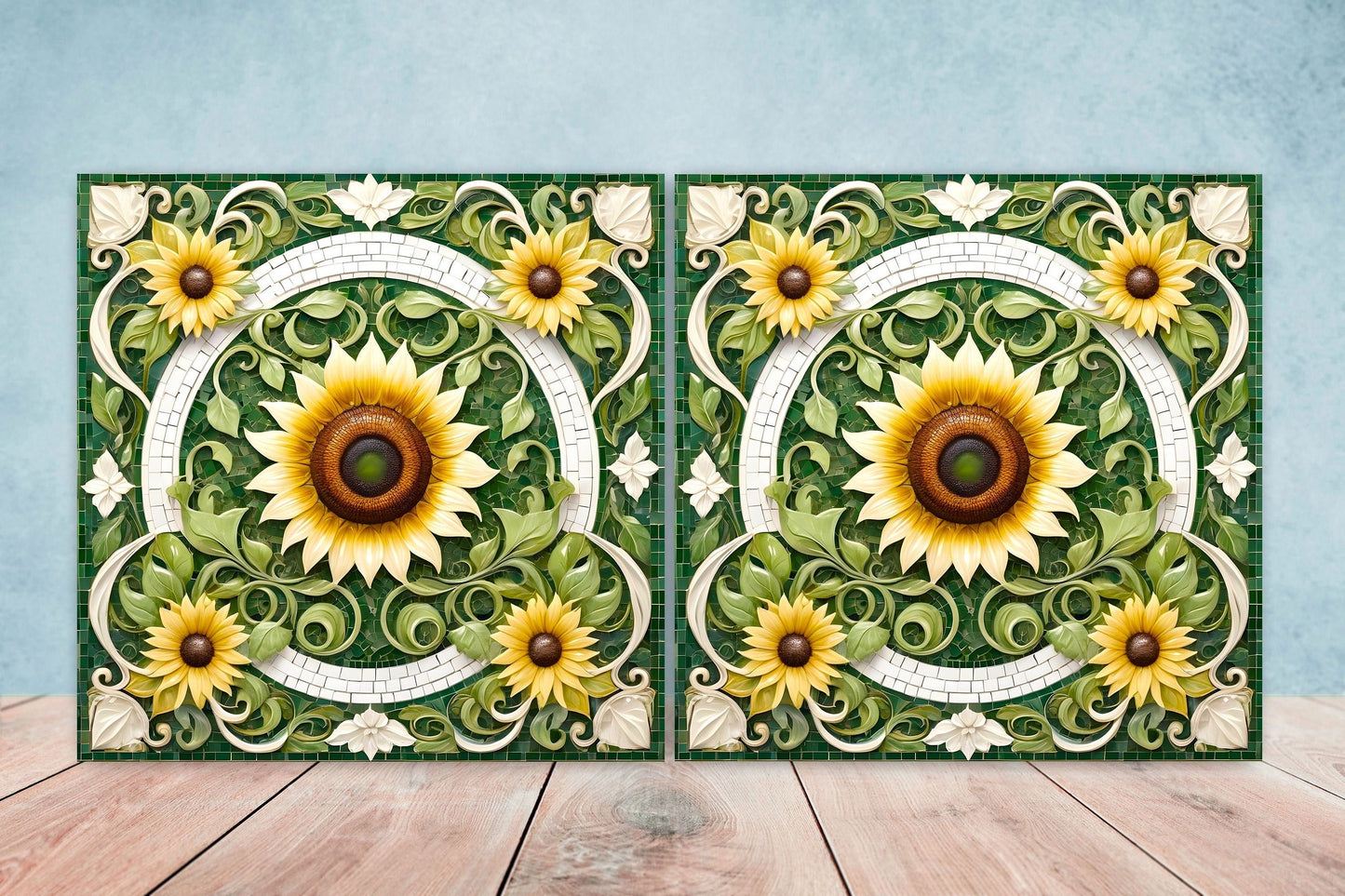 Art Nouveau Flower Ceramic Tiles - Set of 2 Art Nouveau Wall Decor Tiles - Kitchen Backsplash Tiles, Table Decorative Tiles, Bathroom Tiles