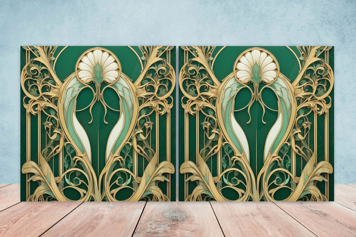 Art Nouveau Flower Ceramic Tiles - Set of 2 Art Nouveau Wall Decor Tiles - Kitchen Backsplash Tiles, Table Decorative Tiles, Bathroom Tiles