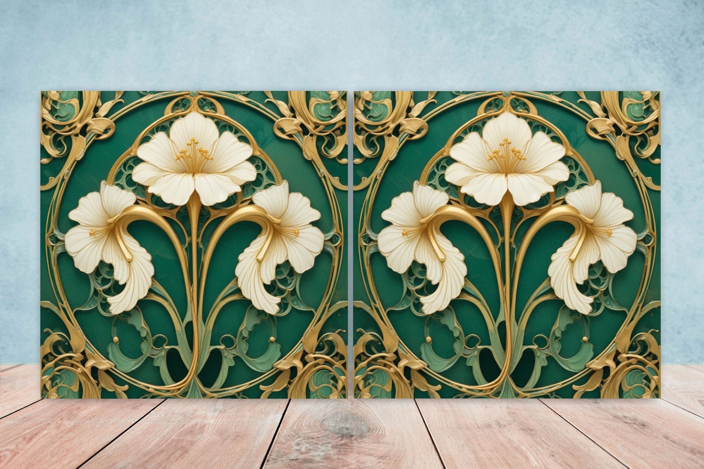Art Nouveau Flower Ceramic Tiles - Set of 2 Art Nouveau Wall Decor Tiles - Kitchen Backsplash Tiles, Table Decorative Tiles, Bathroom Tiles