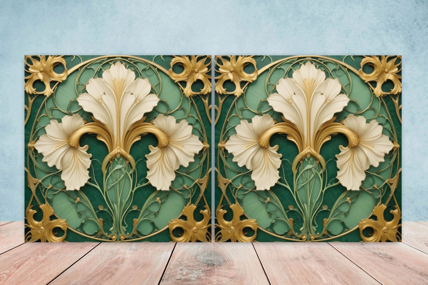 Art Nouveau Flower Ceramic Tiles - Set of 2 Art Nouveau Wall Decor Tiles - Kitchen Backsplash Tiles, Table Decorative Tiles, Bathroom Tiles