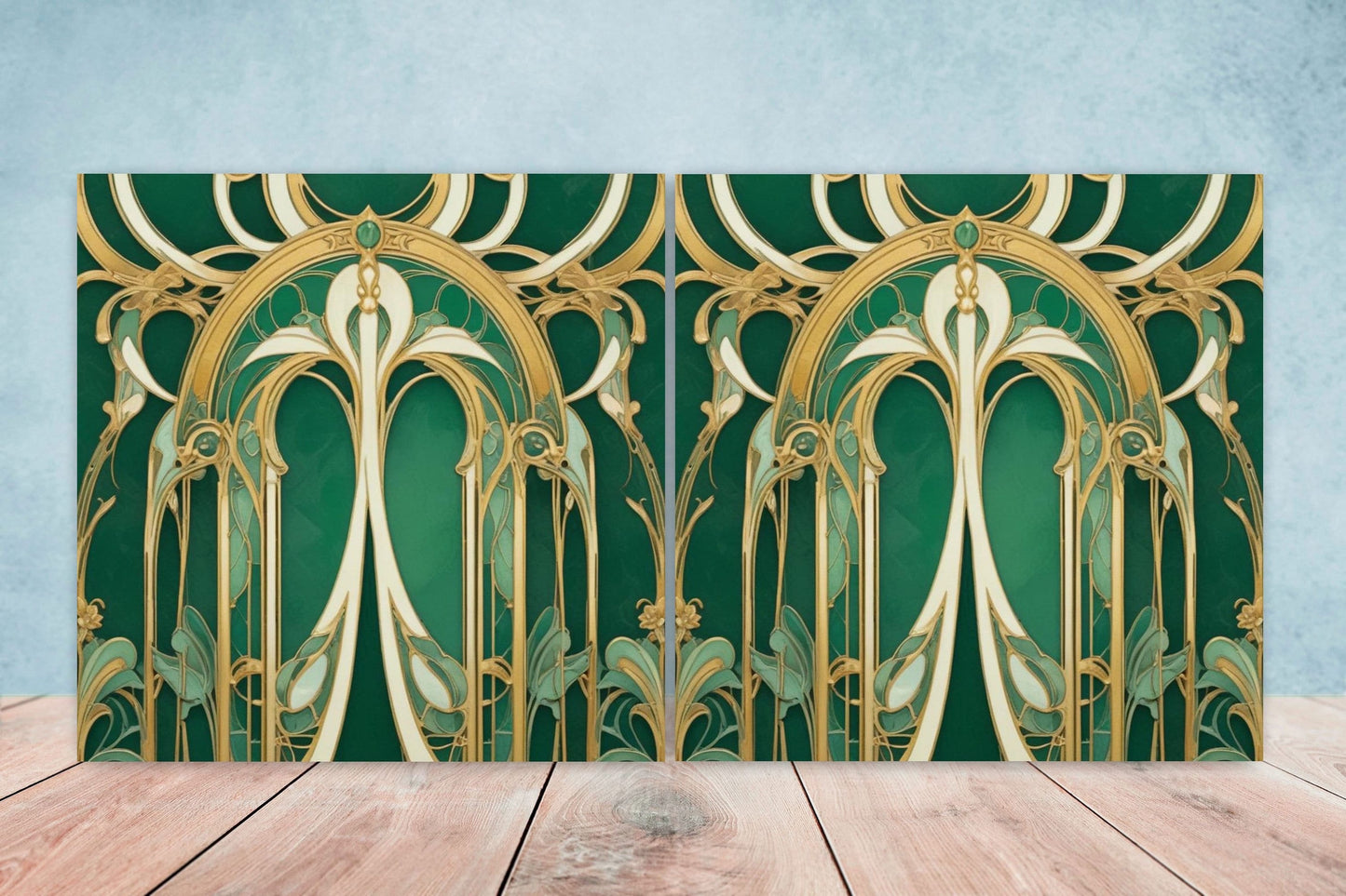 Art Nouveau Flower Ceramic Tiles - Set of 2 Art Nouveau Wall Decor Tiles - Kitchen Backsplash Tiles, Table Decorative Tiles, Bathroom Tiles
