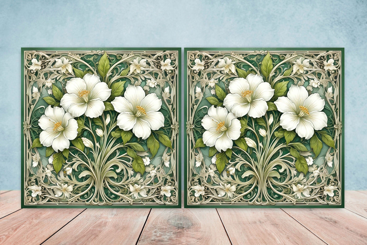 Art Nouveau Flower Ceramic Tiles - Set of 2 Art Nouveau Wall Decor Tiles - Kitchen Backsplash Tiles, Table Decorative Tiles, Bathroom Tiles