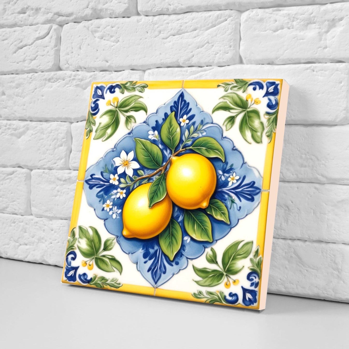 Italian Majolica Lemon Tiles - Set of 2 Italian Wall Decor Tiles - Kitchen Backsplash Tiles, Table Decorative Tiles, Bathroom Tiles, Coaster