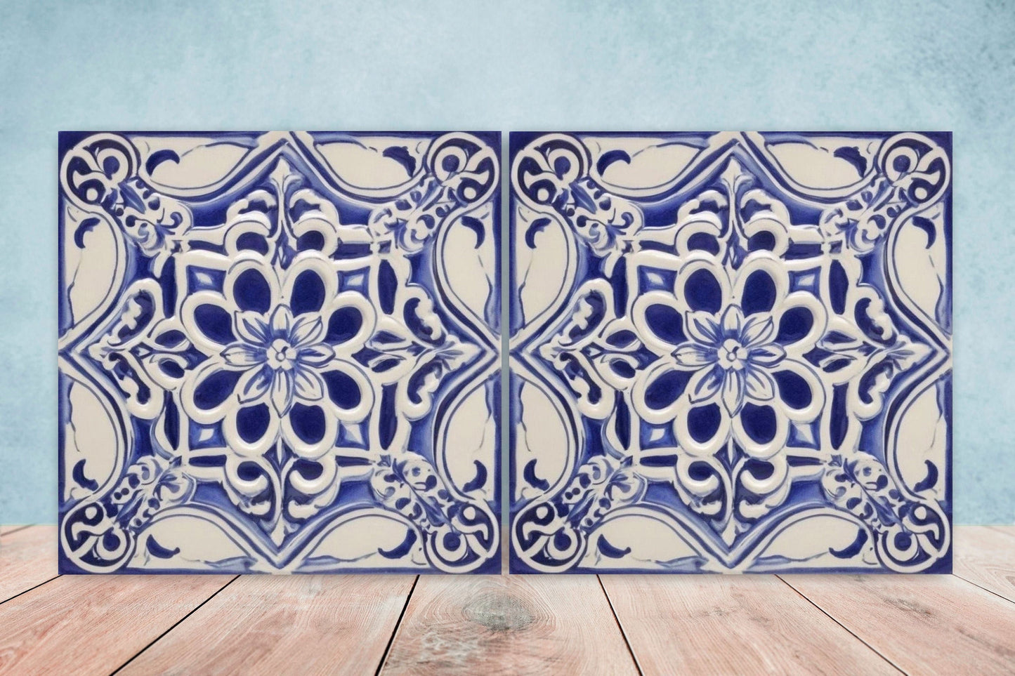 Spanish Ceramic Flower Tiles - Set of 2 Spanish Wall Decor Tiles - Kitchen Backsplash Tiles, Table Decorative Tiles, Bathroom Tiles, Coaster
