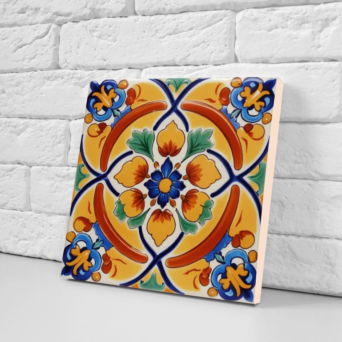 Spanish Ceramic Flower Tiles - Set of 2 Spanish Wall Decor Tiles - Kitchen Backsplash Tiles, Table Decorative Tiles, Bathroom Tiles, Coaster