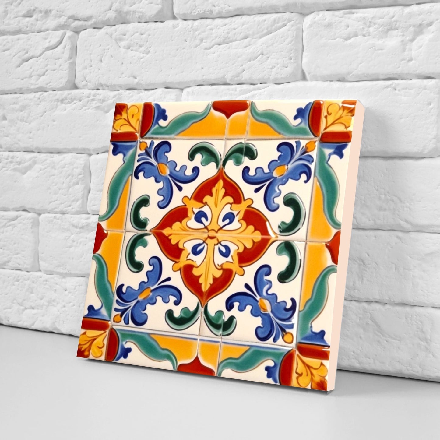 Spanish Ceramic Flower Tiles - Set of 2 Spanish Wall Decor Tiles - Kitchen Backsplash Tiles, Table Decorative Tiles, Bathroom Tiles, Coaster