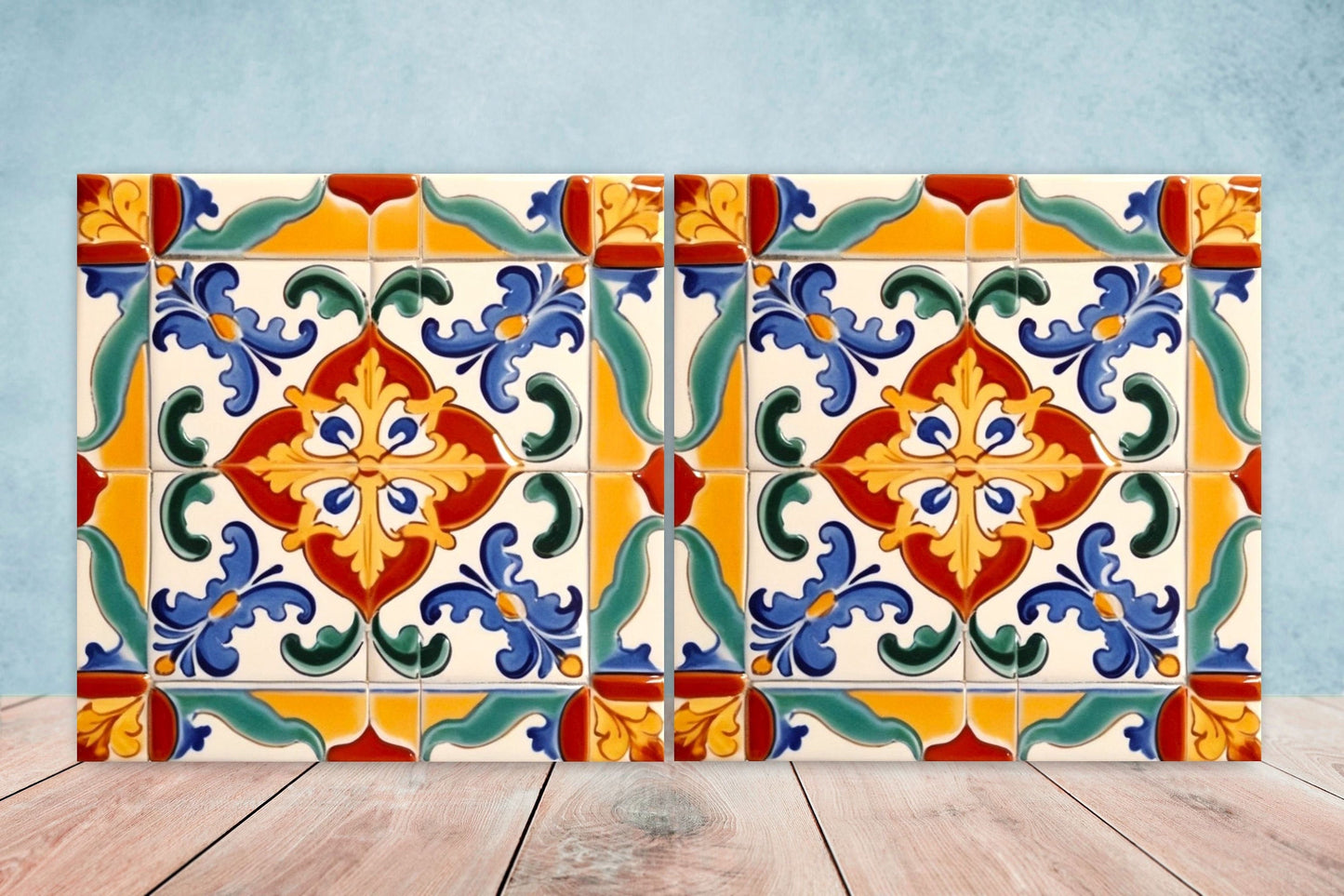 Spanish Ceramic Flower Tiles - Set of 2 Spanish Wall Decor Tiles - Kitchen Backsplash Tiles, Table Decorative Tiles, Bathroom Tiles, Coaster