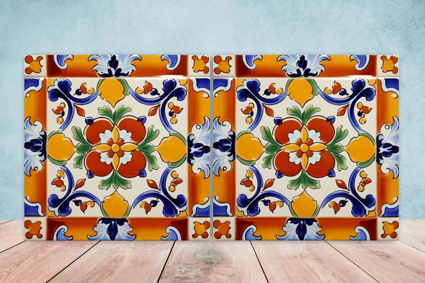 Spanish Ceramic Flower Tiles - Set of 2 Spanish Wall Decor Tiles - Kitchen Backsplash Tiles, Table Decorative Tiles, Bathroom Tiles, Coaster