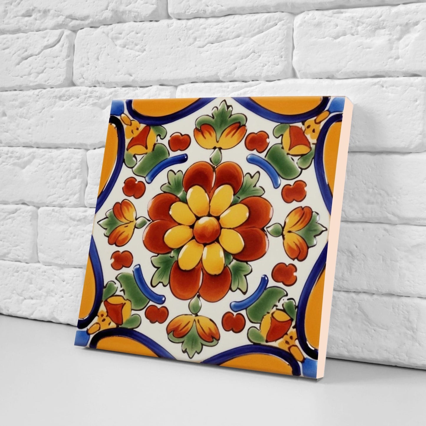 Spanish Ceramic Flower Tiles - Set of 2 Spanish Wall Decor Tiles - Kitchen Backsplash Tiles, Table Decorative Tiles, Bathroom Tiles, Coaster