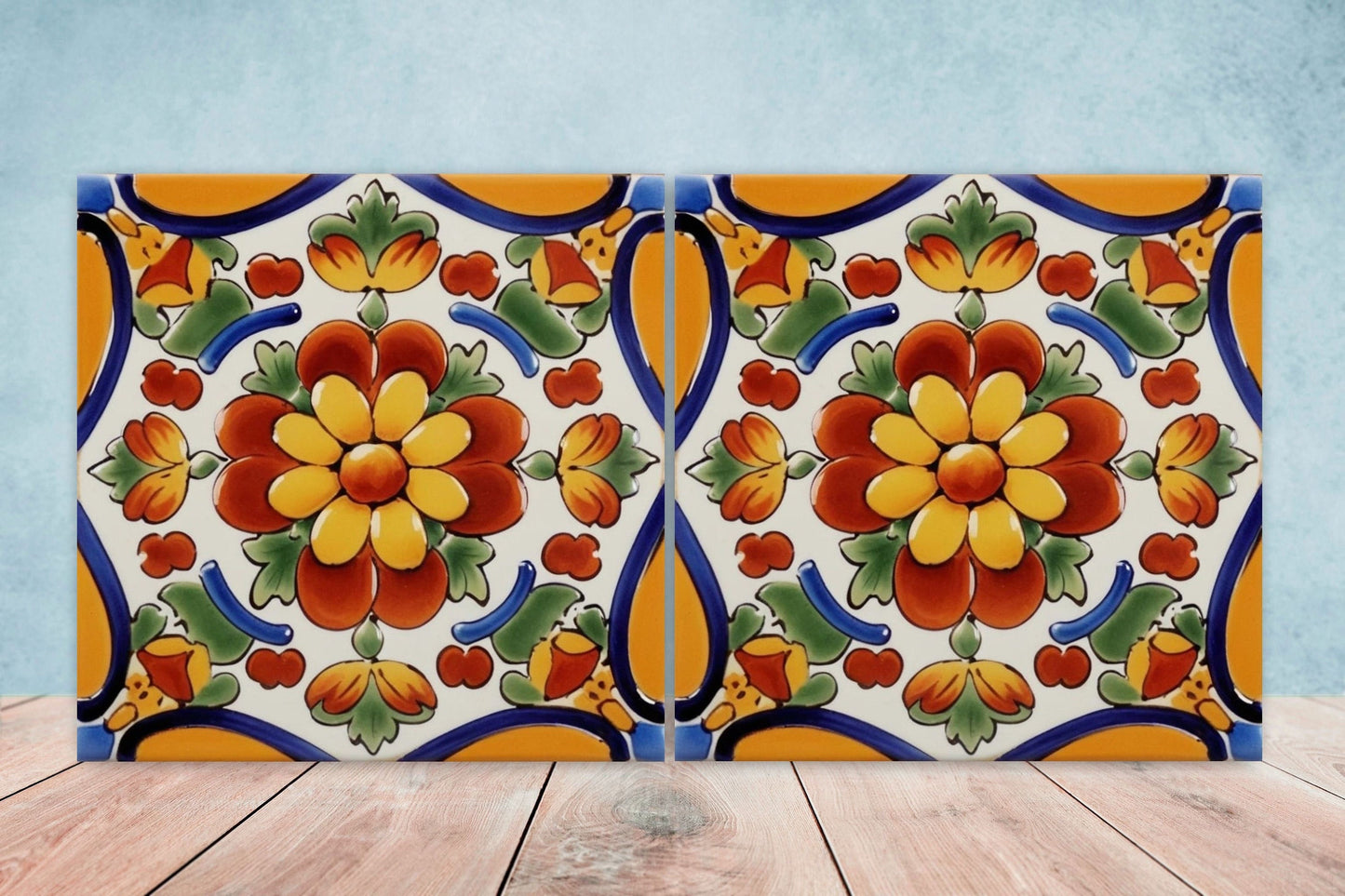 Spanish Ceramic Flower Tiles - Set of 2 Spanish Wall Decor Tiles - Kitchen Backsplash Tiles, Table Decorative Tiles, Bathroom Tiles, Coaster