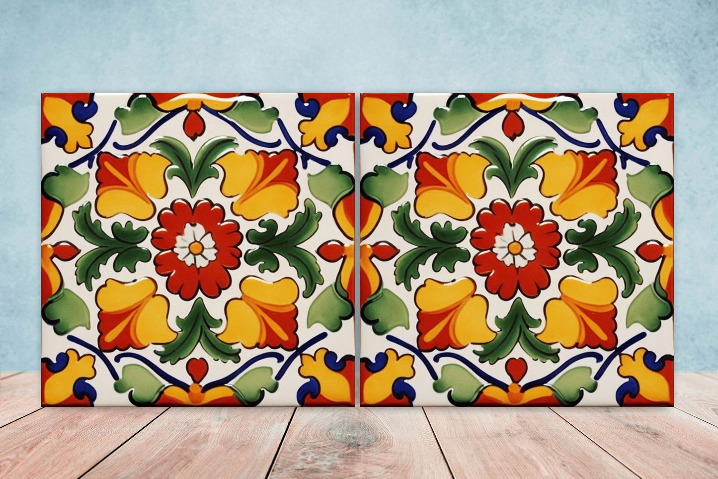 Spanish Ceramic Flower Tiles - Set of 2 Spanish Wall Decor Tiles - Kitchen Backsplash Tiles, Table Decorative Tiles, Bathroom Tiles, Coaster