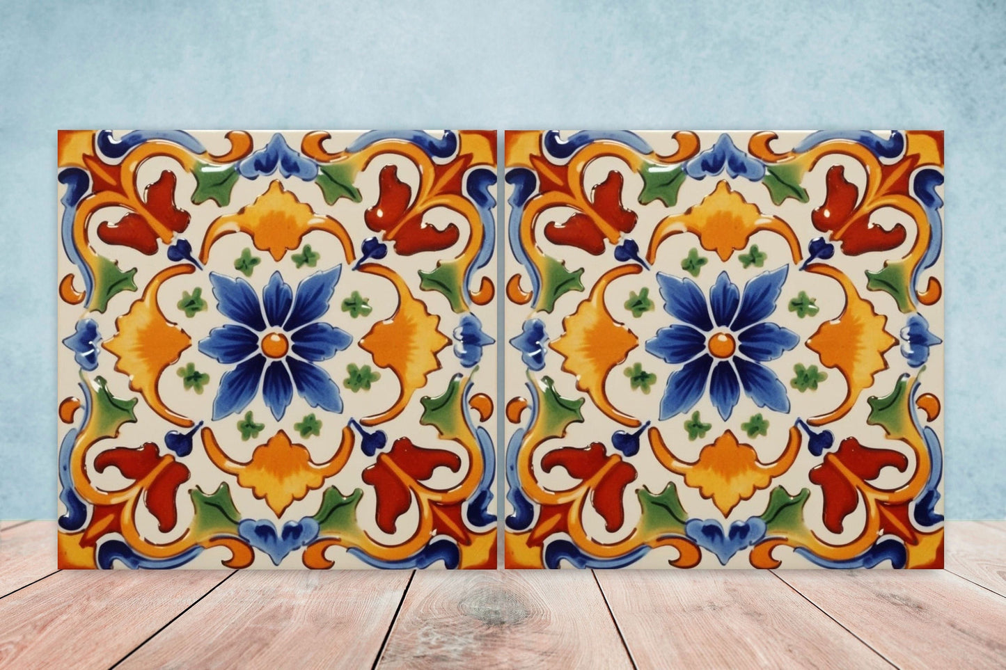 Spanish Ceramic Flower Tiles - Set of 2 Spanish Wall Decor Tiles - Kitchen Backsplash Tiles, Table Decorative Tiles, Bathroom Tiles, Coaster