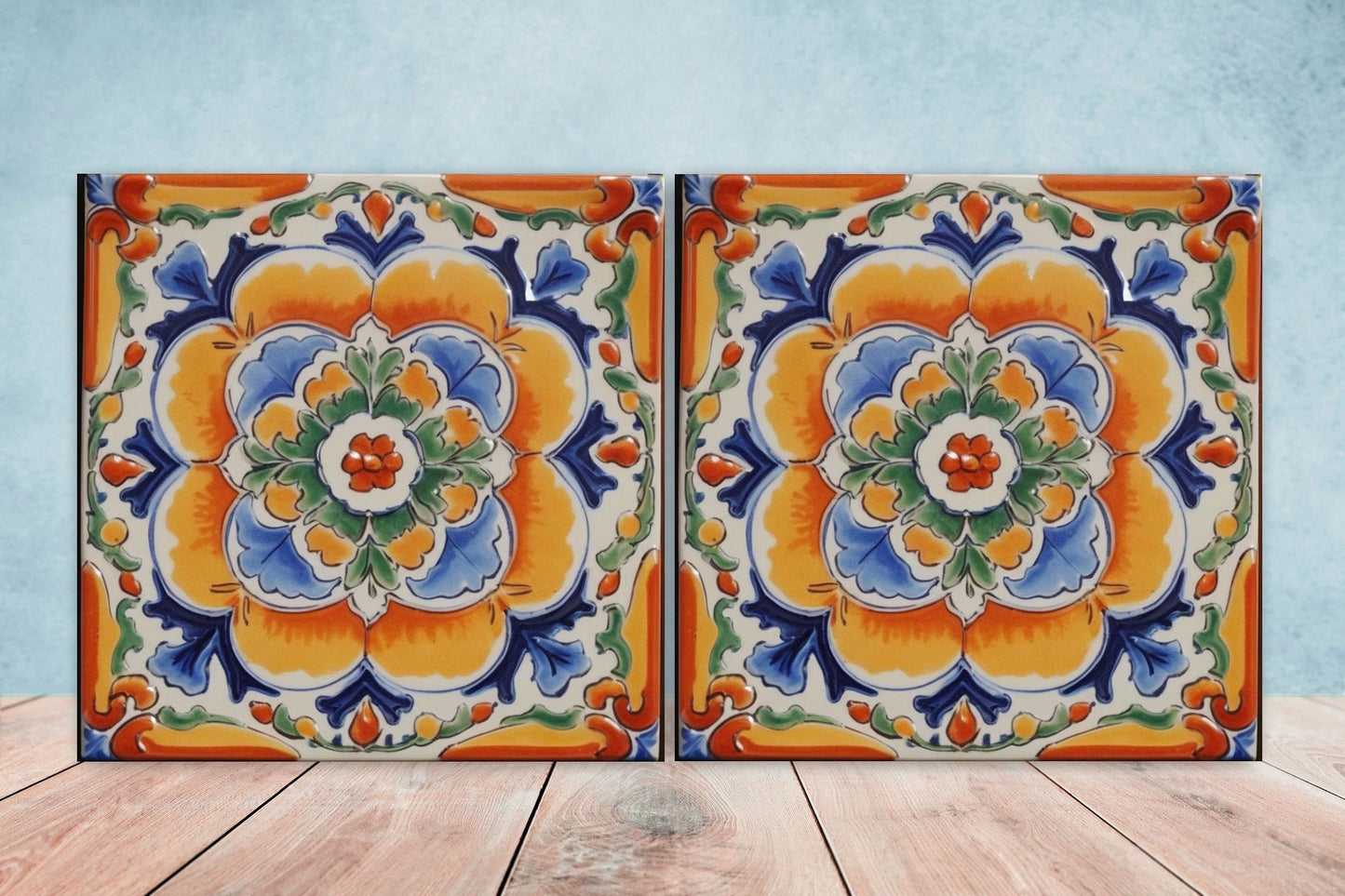 Spanish Ceramic Flower Tiles - Set of 2 Spanish Wall Decor Tiles - Kitchen Backsplash Tiles, Table Decorative Tiles, Bathroom Tiles, Coaster