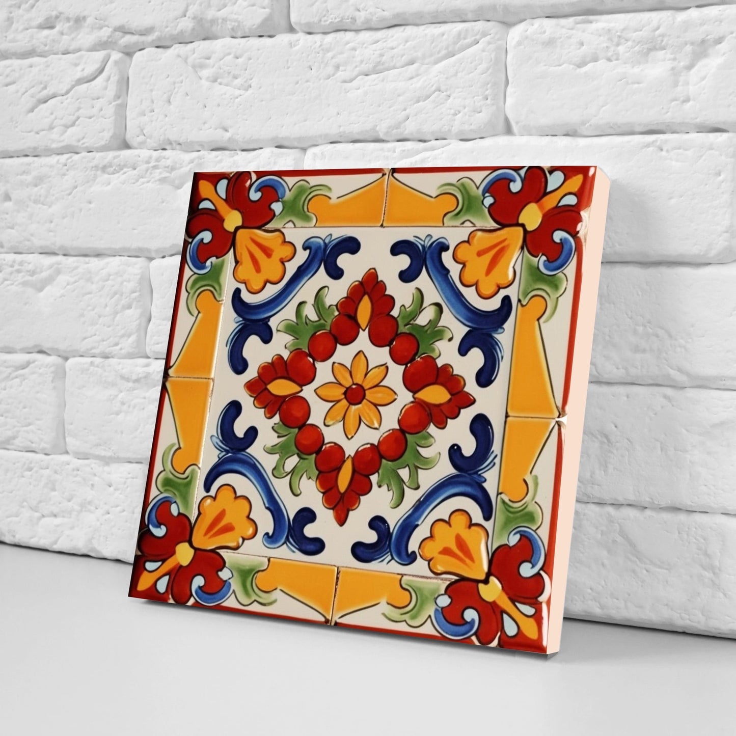 Spanish Ceramic Flower Tiles - Set of 2 Spanish Wall Decor Tiles - Kitchen Backsplash Tiles, Table Decorative Tiles, Bathroom Tiles, Coaster