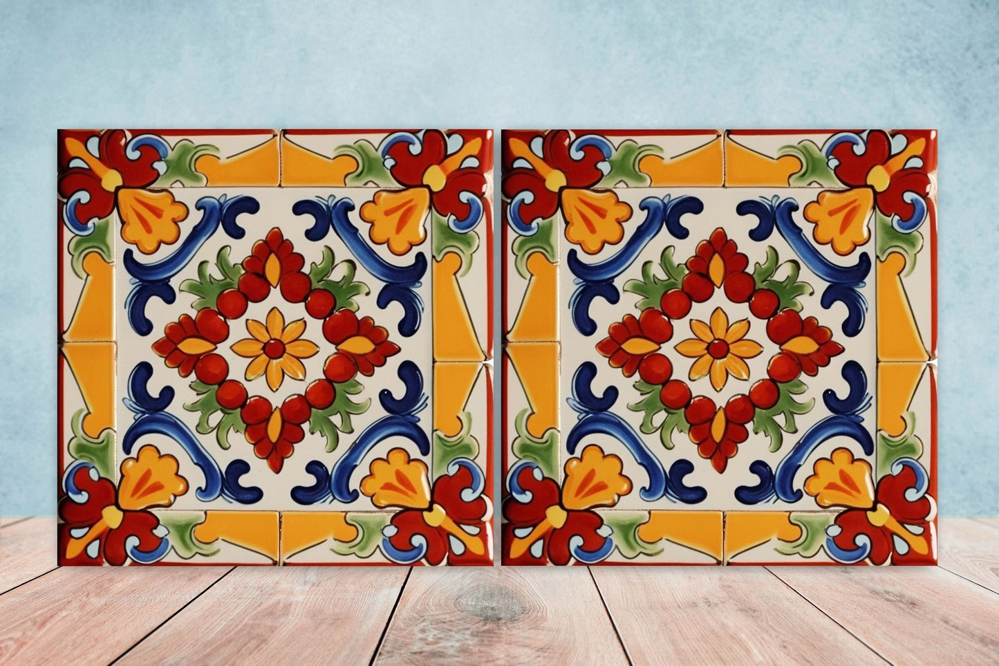 Spanish Ceramic Flower Tiles - Set of 2 Spanish Wall Decor Tiles - Kitchen Backsplash Tiles, Table Decorative Tiles, Bathroom Tiles, Coaster