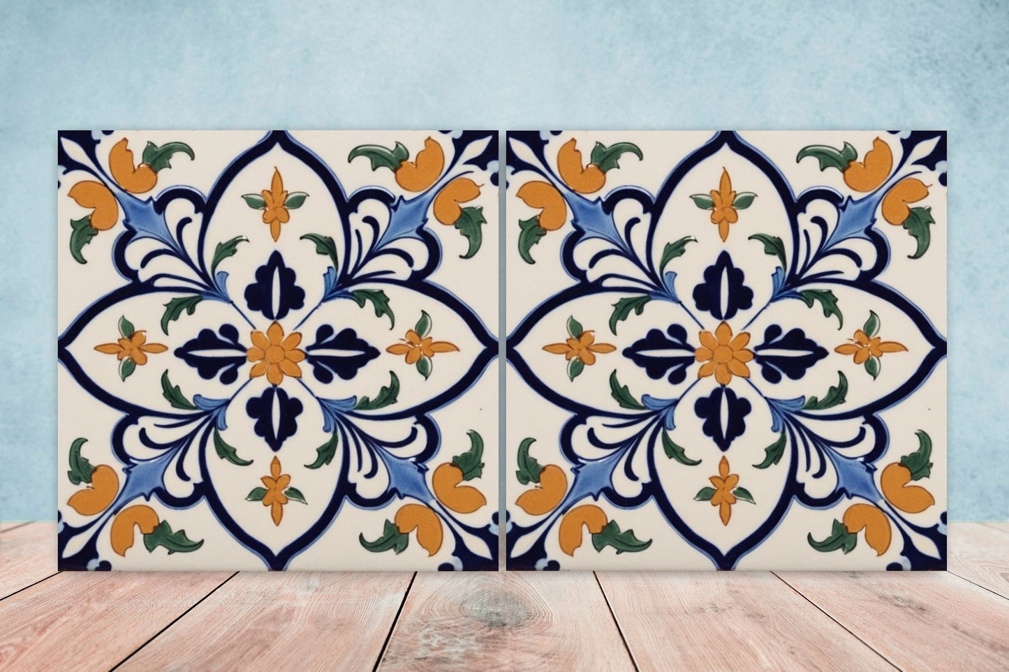 Spanish Ceramic Flower Tiles - Set of 2 Spanish Wall Decor Tiles - Kitchen Backsplash Tiles, Table Decorative Tiles, Bathroom Tiles, Coaster