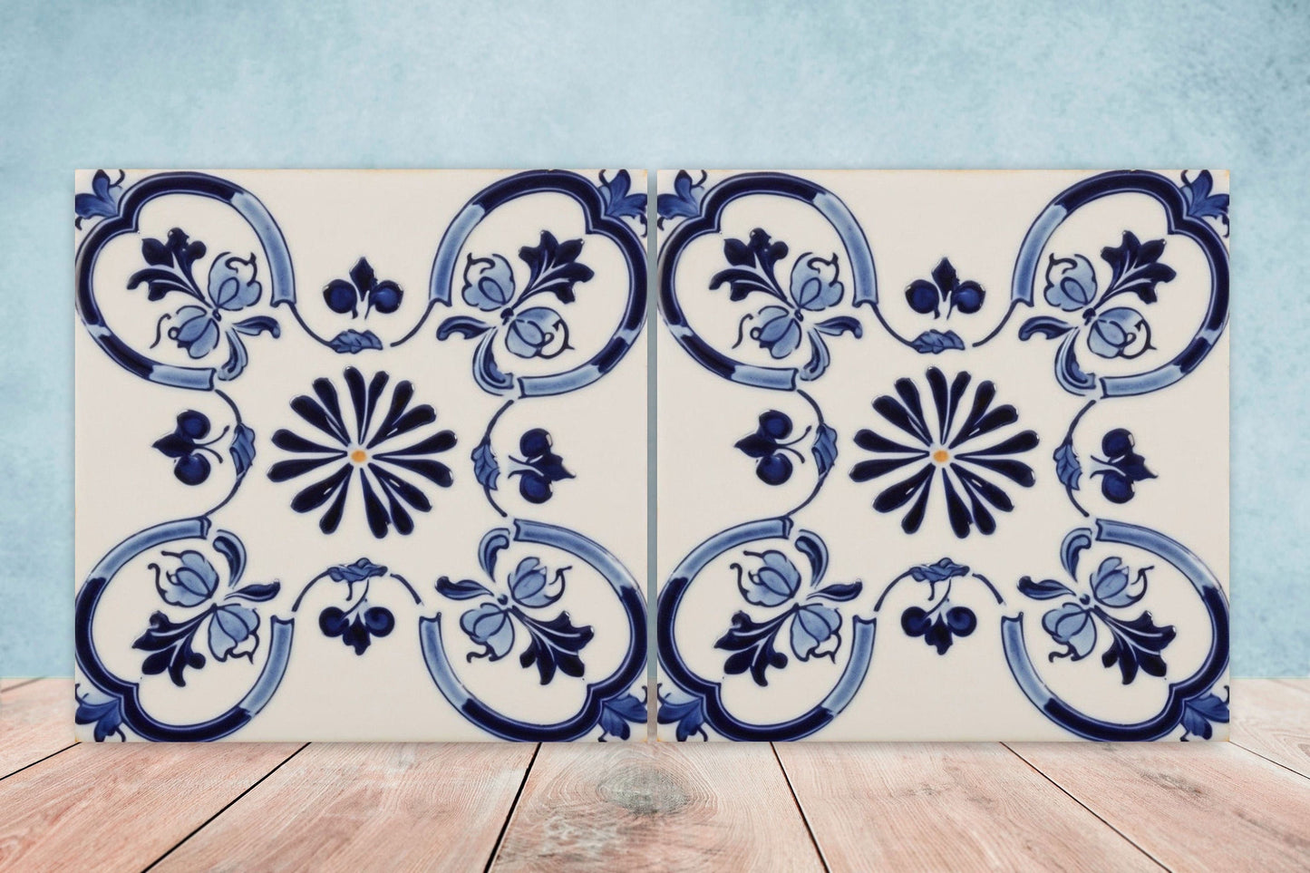 Spanish Ceramic Flower Tiles - Set of 2 Spanish Wall Decor Tiles - Kitchen Backsplash Tiles, Table Decorative Tiles, Bathroom Tiles, Coaster