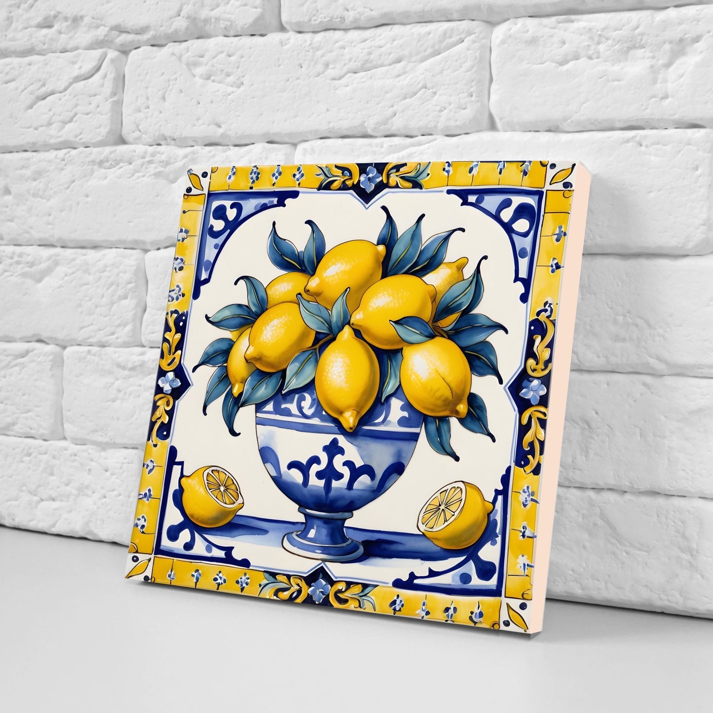 Italian Majolica Lemon Tiles - Set of 2 Italian Wall Decor Tiles - Kitchen Backsplash Tiles, Table Decorative Tiles, Bathroom Tiles, Coaster