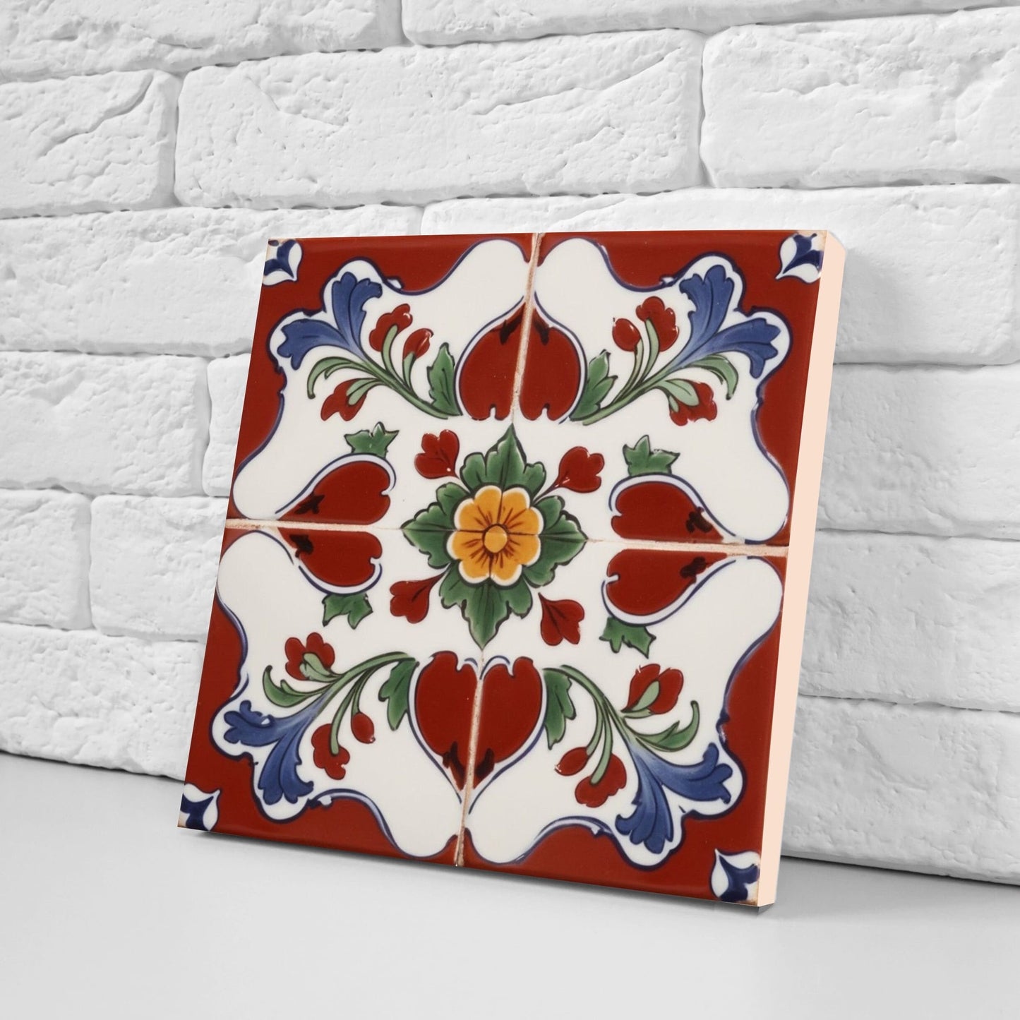 Spanish Ceramic Flower Tiles - Set of 2 Spanish Wall Decor Tiles - Kitchen Backsplash Tiles, Table Decorative Tiles, Bathroom Tiles, Coaster