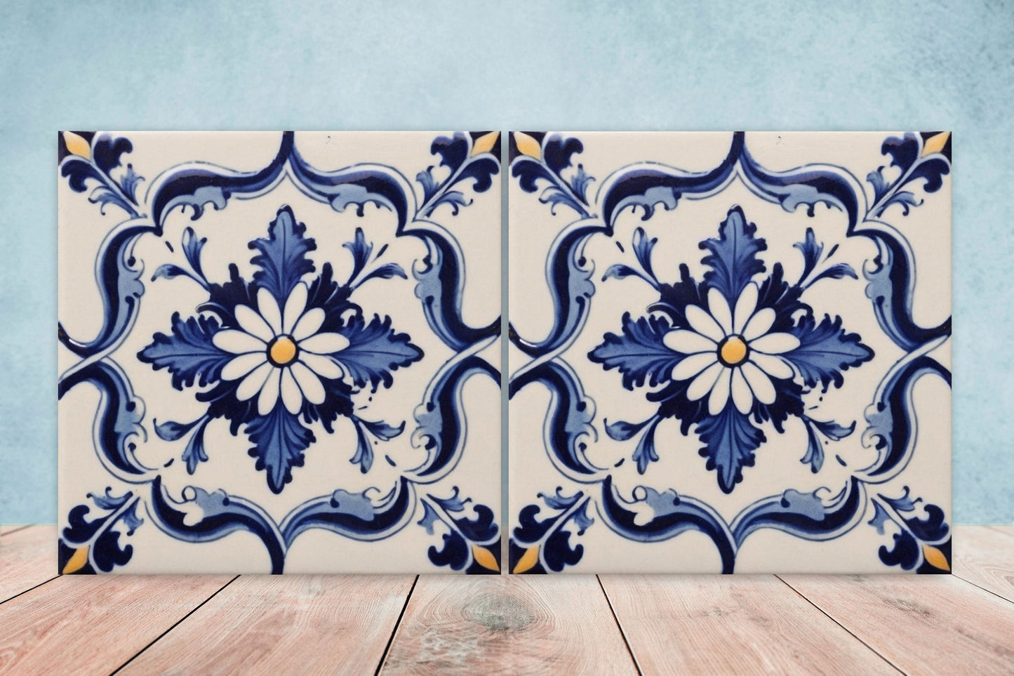 Spanish Ceramic Flower Tiles - Set of 2 Spanish Wall Decor Tiles - Kitchen Backsplash Tiles, Table Decorative Tiles, Bathroom Tiles, Coaster
