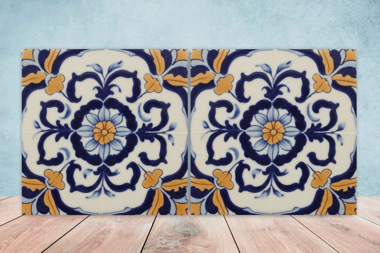Spanish Ceramic Flower Tiles - Set of 2 Spanish Wall Decor Tiles - Kitchen Backsplash Tiles, Table Decorative Tiles, Bathroom Tiles, Coaster
