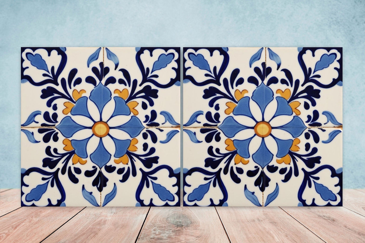 Spanish Ceramic Flower Tiles - Set of 2 Spanish Wall Decor Tiles - Kitchen Backsplash Tiles, Table Decorative Tiles, Bathroom Tiles, Coaster