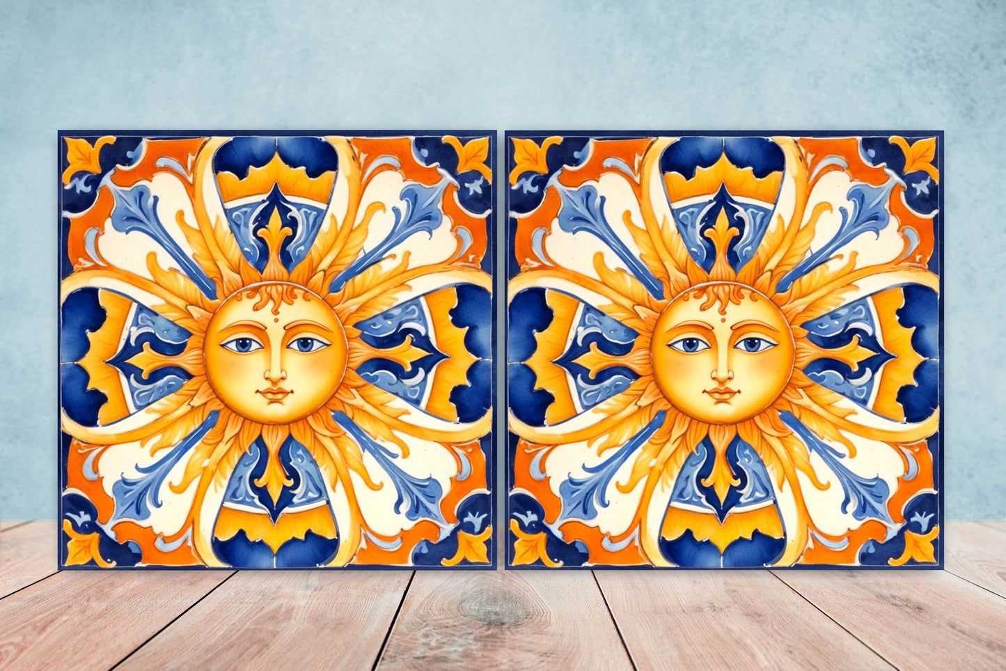 Italian Majolica Sun Tiles - Set of 2 Italian Wall Decor Tiles - Kitchen Backsplash Tiles, Table Decorative Tiles, Bathroom Tiles, Coaster