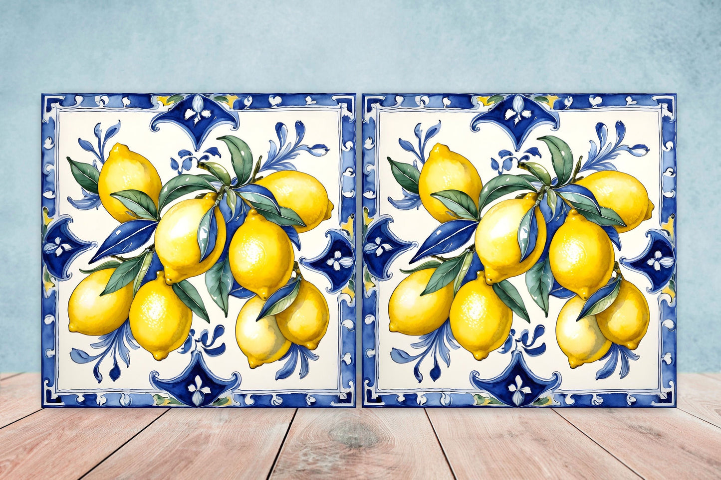 Italian Majolica Lemon Tiles - Set of 2 Italian Wall Decor Tiles - Kitchen Backsplash Tiles, Table Decorative Tiles, Bathroom Tiles, Coaster