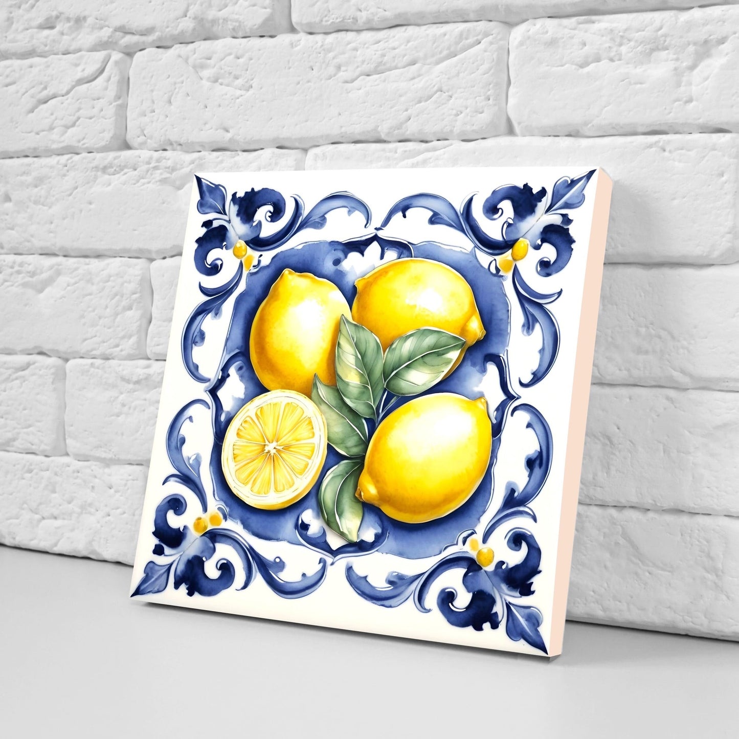 Italian Majolica Lemon Tiles - Set of 2 Italian Wall Decor Tiles - Kitchen Backsplash Tiles, Table Decorative Tiles, Bathroom Tiles, Coaster