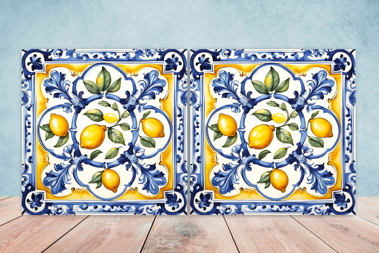 Italian Majolica Lemon Tiles - Set of 2 Italian Wall Decor Tiles - Kitchen Backsplash Tiles, Table Decorative Tiles, Bathroom Tiles, Coaster