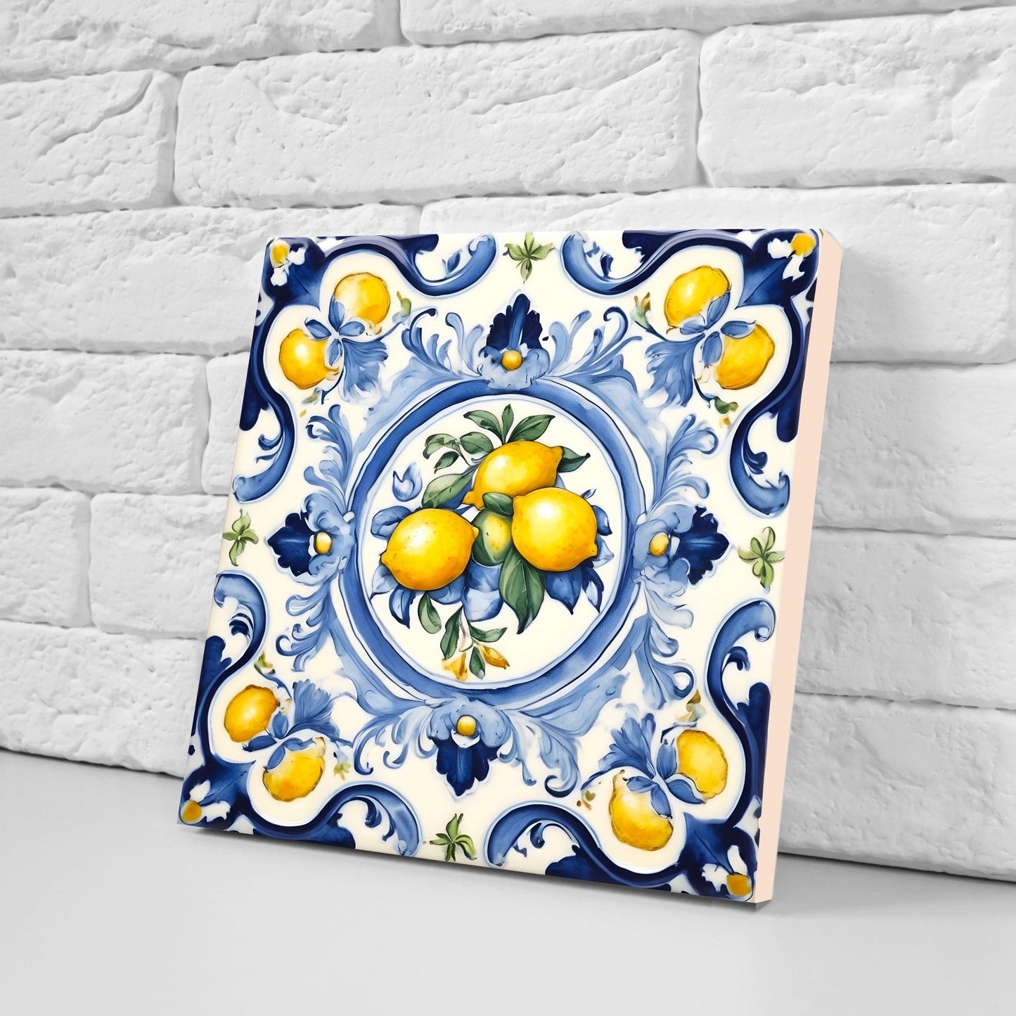 Italian Majolica Lemon Tiles - Set of 2 Italian Wall Decor Tiles - Kitchen Backsplash Tiles, Table Decorative Tiles, Bathroom Tiles, Coaster