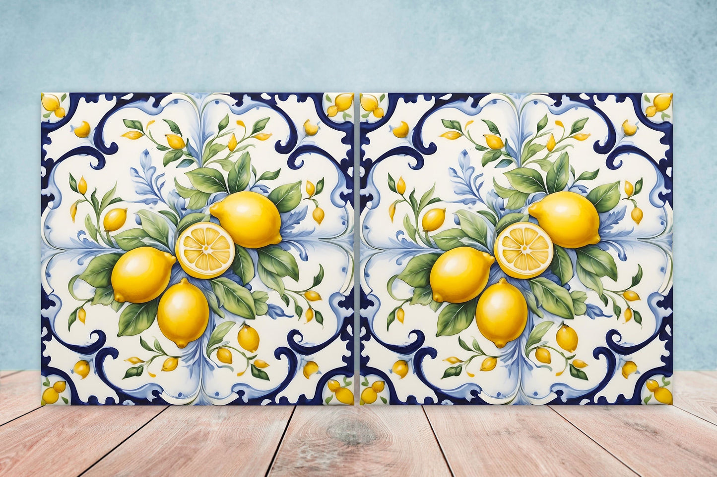 Italian Majolica Lemon Tiles - Set of 2 Italian Wall Decor Tiles - Kitchen Backsplash Tiles, Table Decorative Tiles, Bathroom Tiles, Coaster