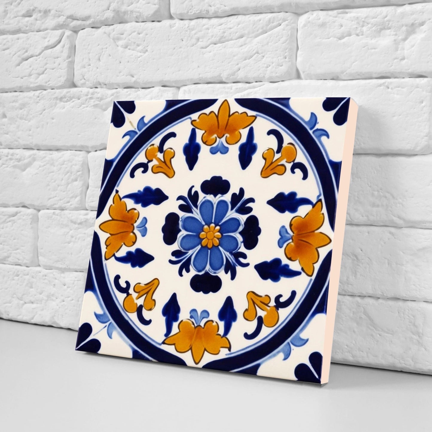 Spanish Ceramic Flower Tiles - Set of 2 Spanish Wall Decor Tiles - Kitchen Backsplash Tiles, Table Decorative Tiles, Bathroom Tiles, Coaster