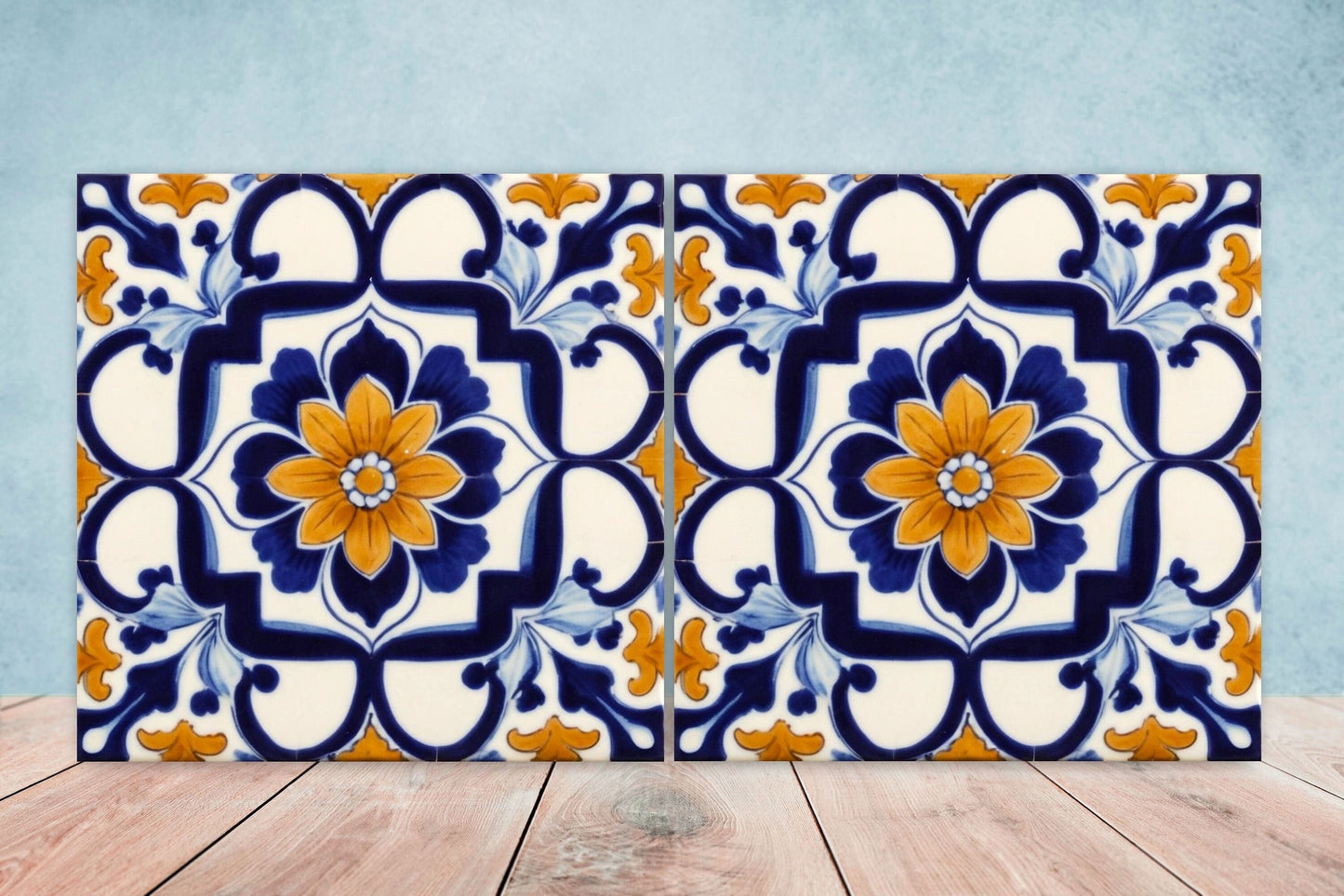 Spanish Ceramic Flower Tiles - Set of 2 Spanish Wall Decor Tiles - Kitchen Backsplash Tiles, Table Decorative Tiles, Bathroom Tiles, Coaster
