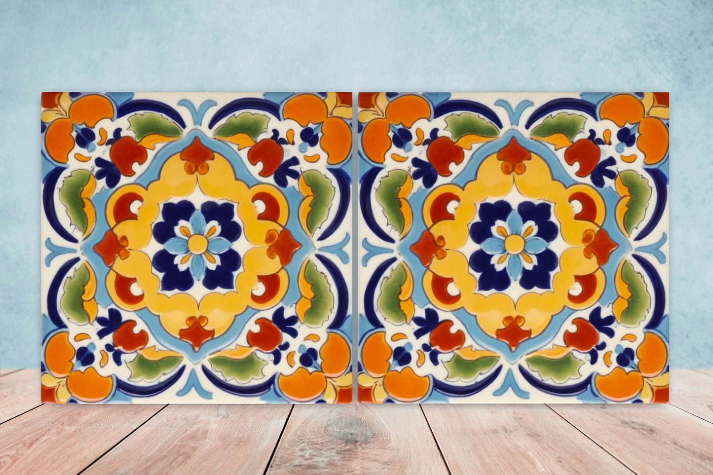 Spanish Ceramic Flower Tiles - Set of 2 Spanish Wall Decor Tiles - Kitchen Backsplash Tiles, Table Decorative Tiles, Bathroom Tiles, Coaster