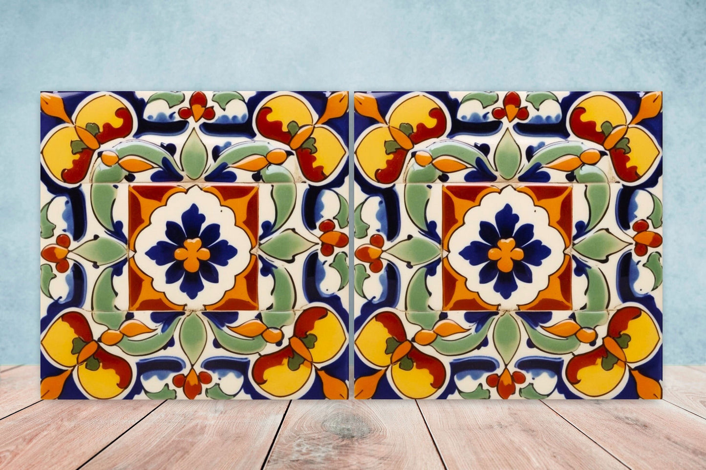 Spanish Ceramic Flower Tiles - Set of 2 Spanish Wall Decor Tiles - Kitchen Backsplash Tiles, Table Decorative Tiles, Bathroom Tiles, Coaster