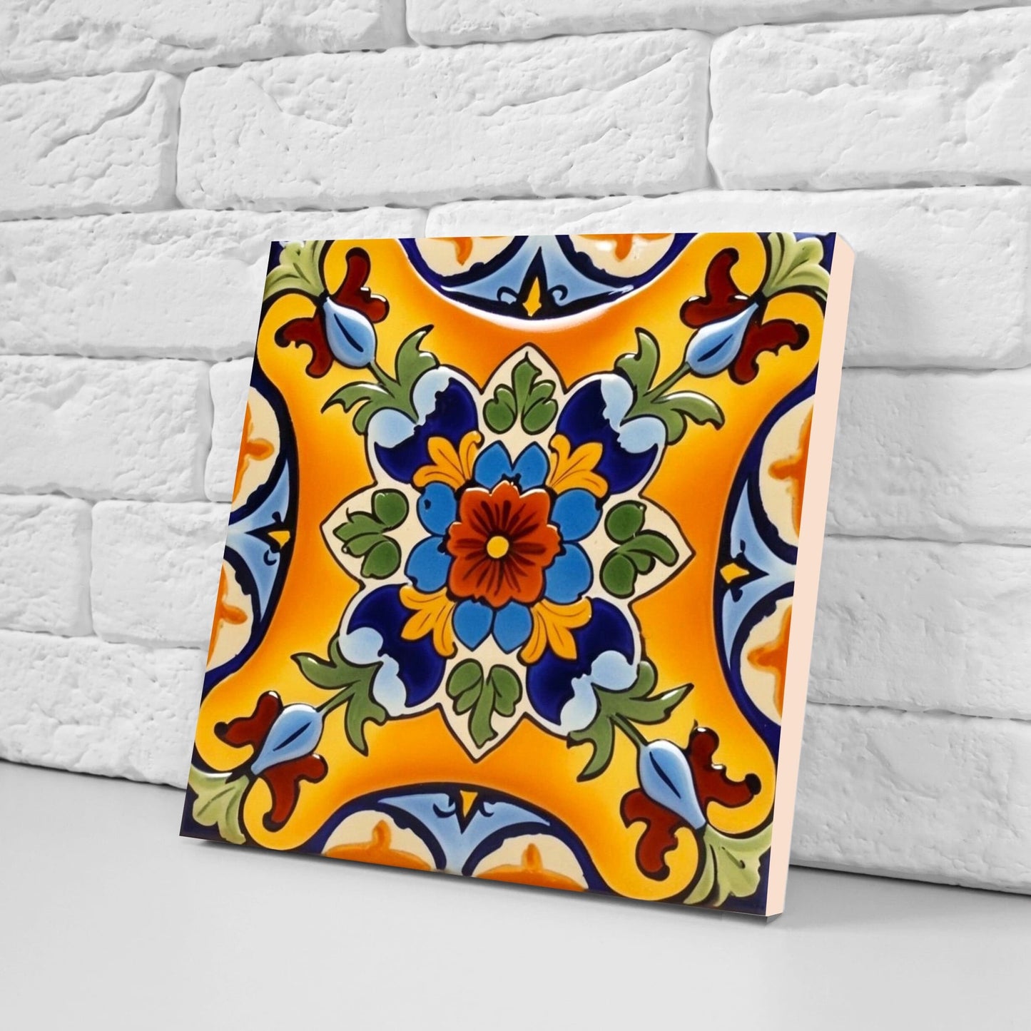 Spanish Ceramic Flower Tiles - Set of 2 Spanish Wall Decor Tiles - Kitchen Backsplash Tiles, Table Decorative Tiles, Bathroom Tiles, Coaster