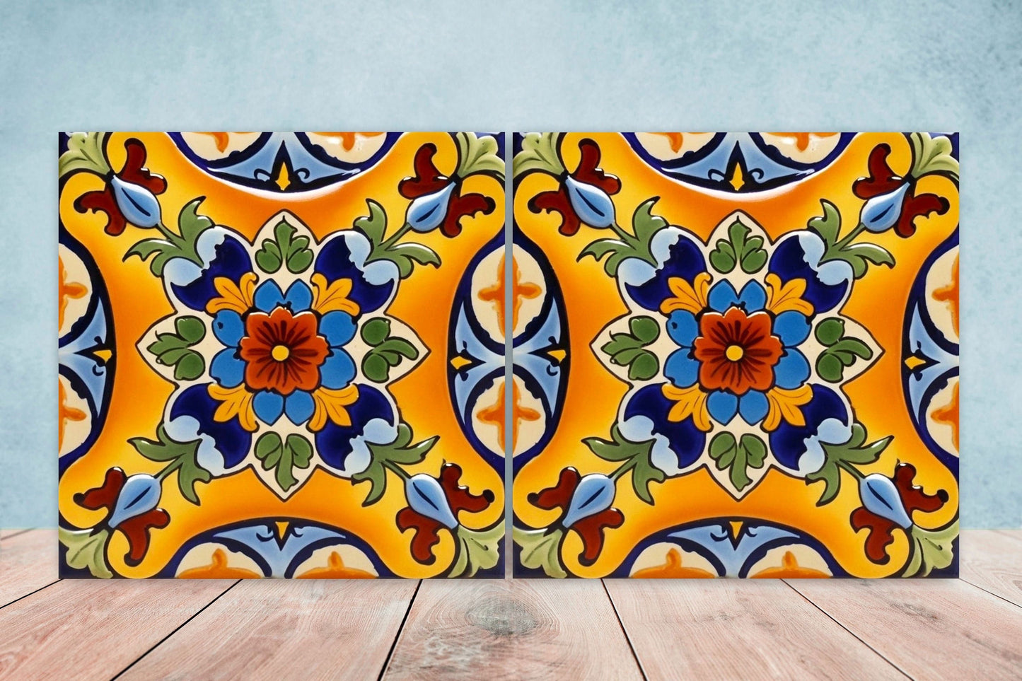 Spanish Ceramic Flower Tiles - Set of 2 Spanish Wall Decor Tiles - Kitchen Backsplash Tiles, Table Decorative Tiles, Bathroom Tiles, Coaster