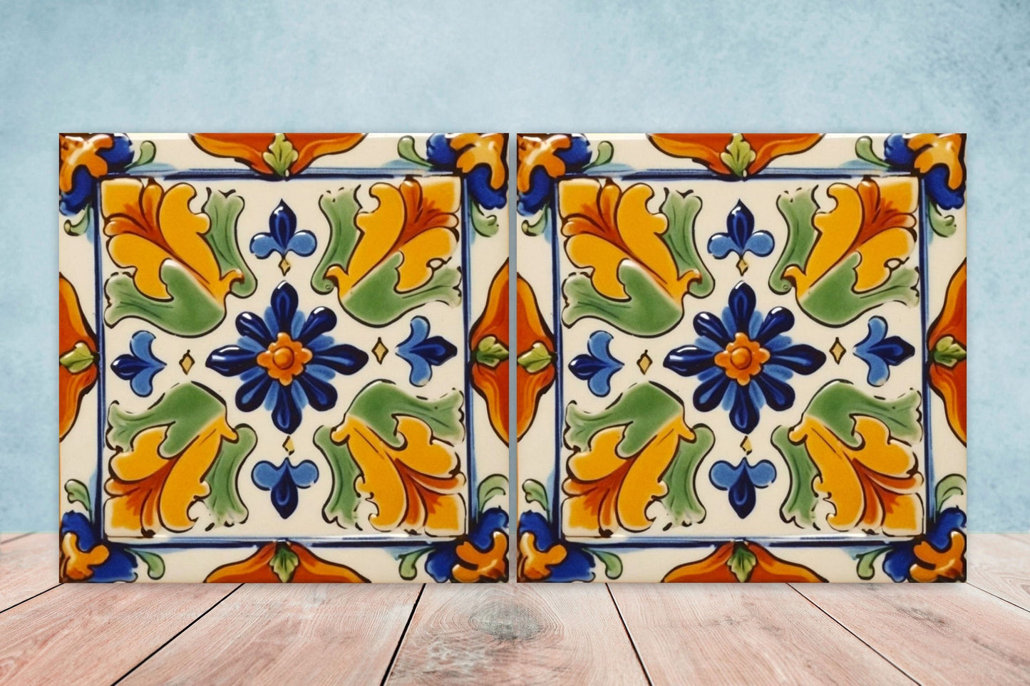 Spanish Ceramic Flower Tiles - Set of 2 Spanish Wall Decor Tiles - Kitchen Backsplash Tiles, Table Decorative Tiles, Bathroom Tiles, Coaster
