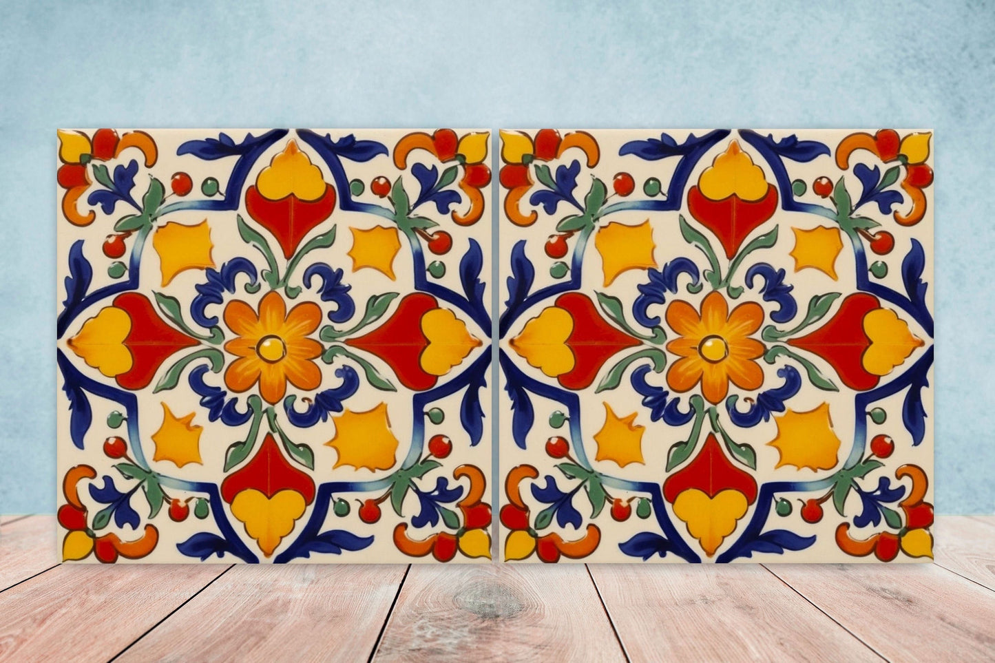 Spanish Ceramic Flower Tiles - Set of 2 Spanish Wall Decor Tiles - Kitchen Backsplash Tiles, Table Decorative Tiles, Bathroom Tiles, Coaster