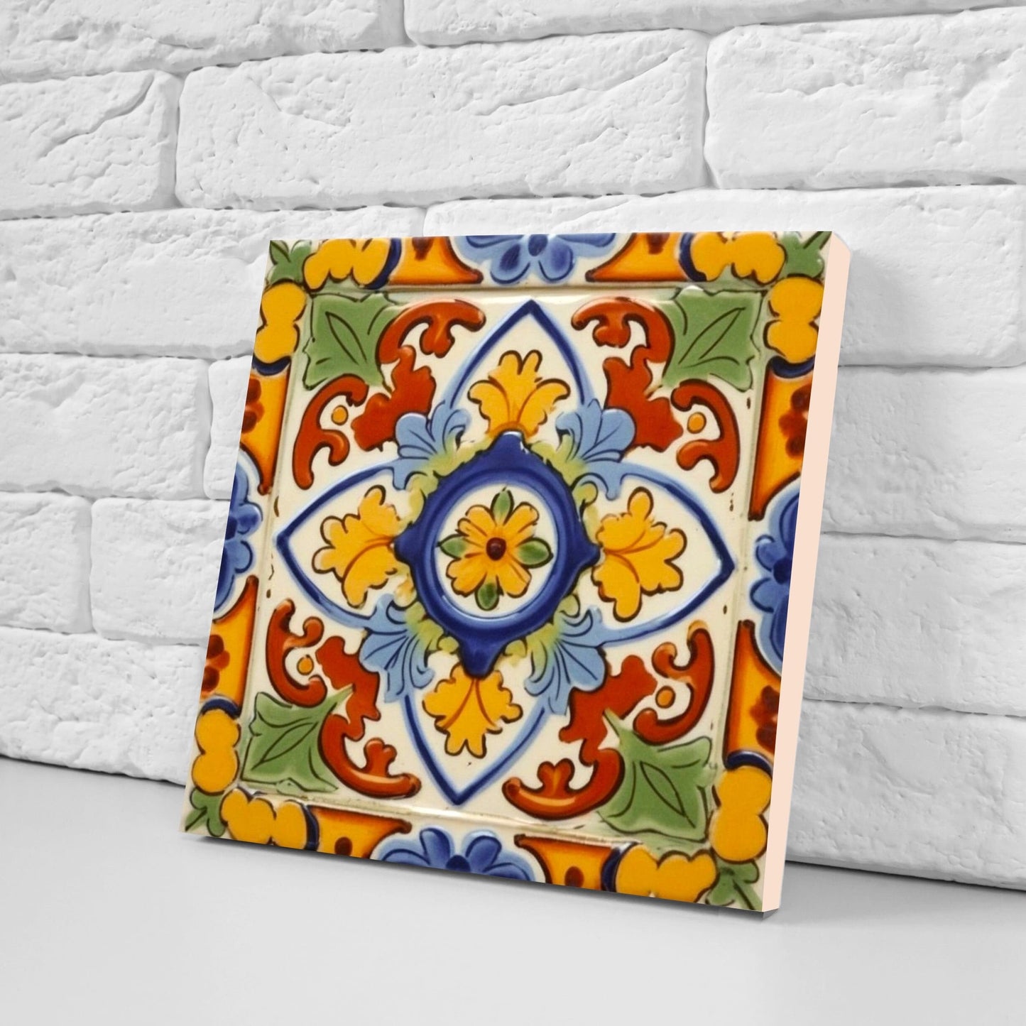 Spanish Ceramic Flower Tiles - Set of 2 Spanish Wall Decor Tiles - Kitchen Backsplash Tiles, Table Decorative Tiles, Bathroom Tiles, Coaster