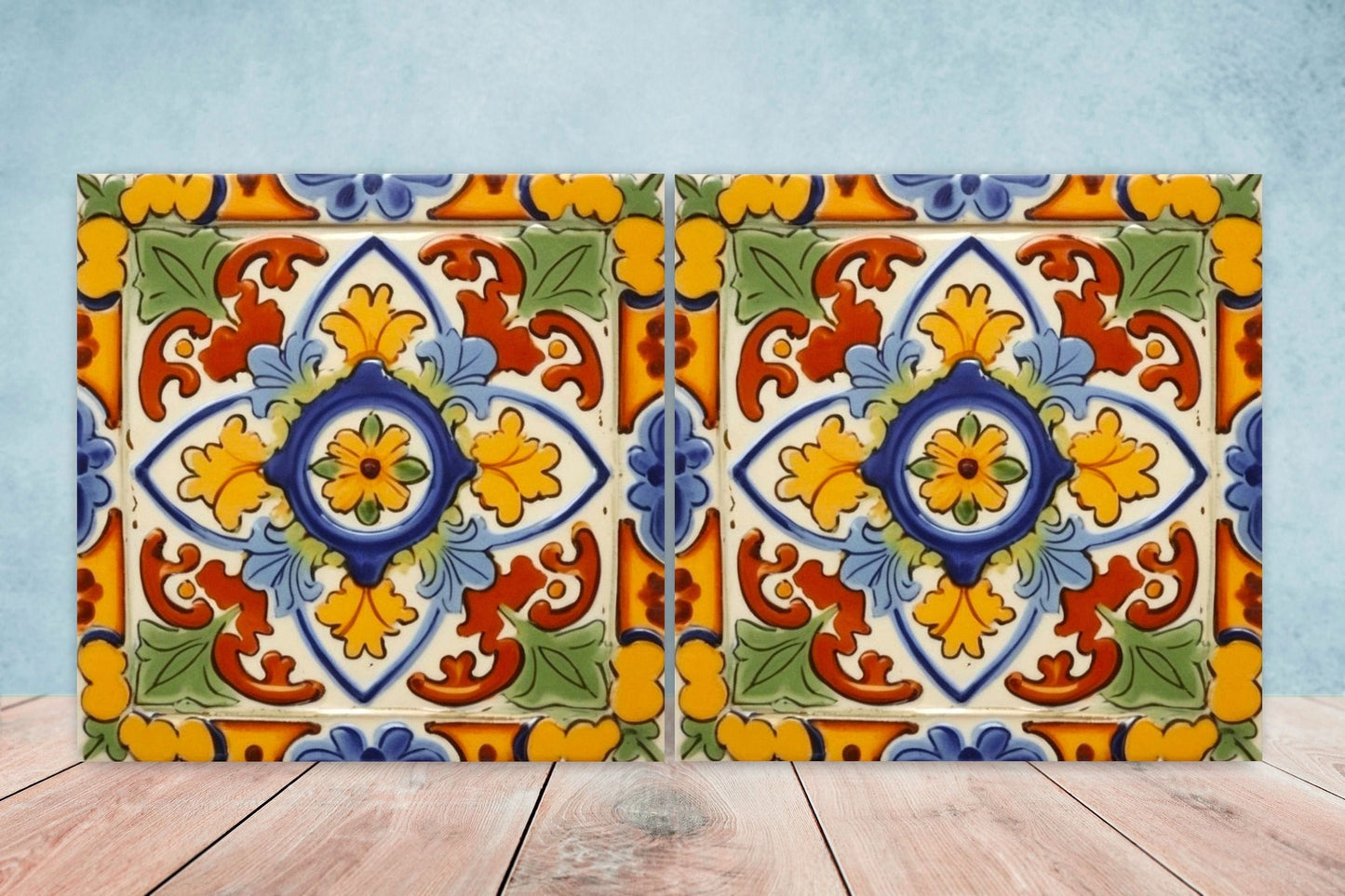 Spanish Ceramic Flower Tiles - Set of 2 Spanish Wall Decor Tiles - Kitchen Backsplash Tiles, Table Decorative Tiles, Bathroom Tiles, Coaster