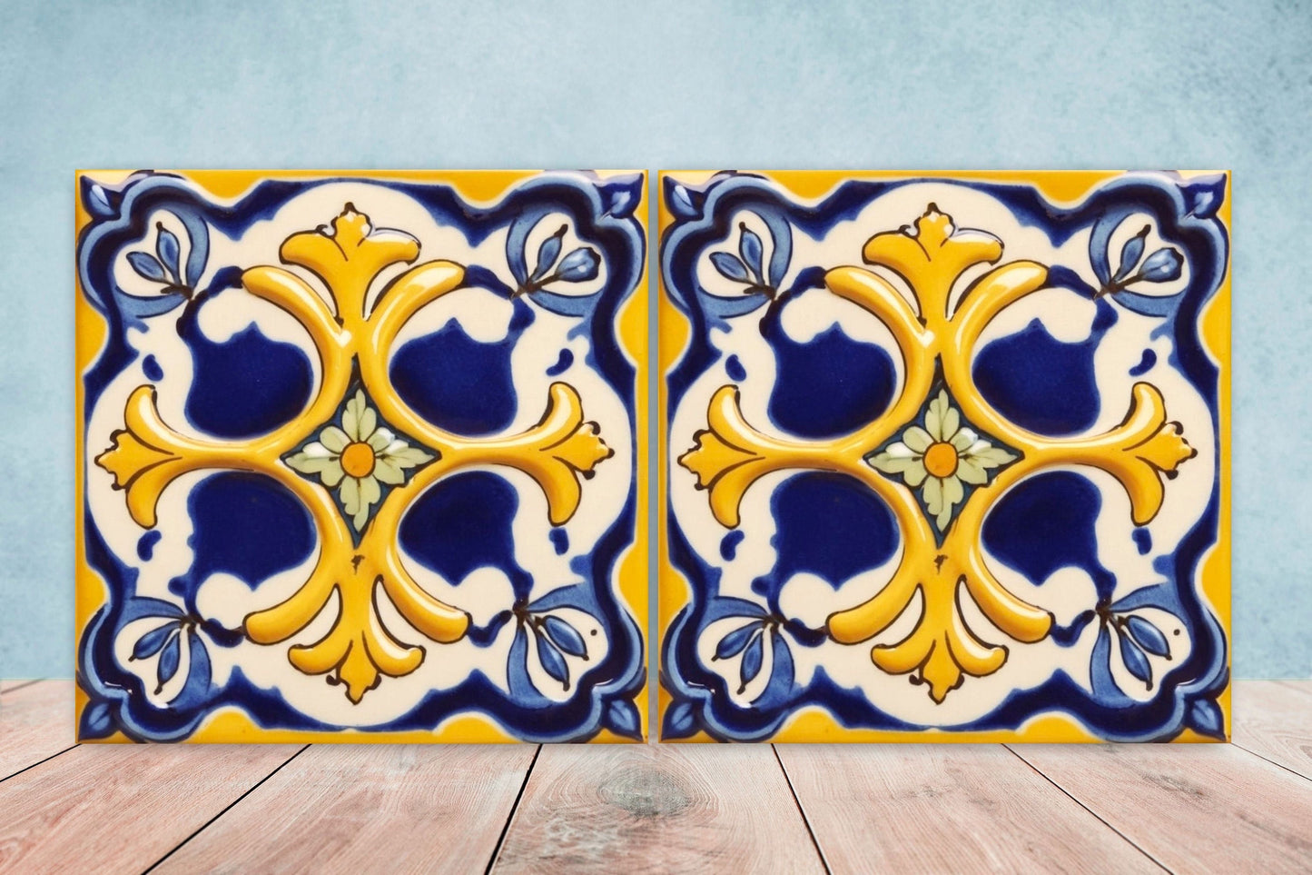 Spanish Ceramic Flower Tiles - Set of 2 Spanish Wall Decor Tiles - Kitchen Backsplash Tiles, Table Decorative Tiles, Bathroom Tiles, Coaster