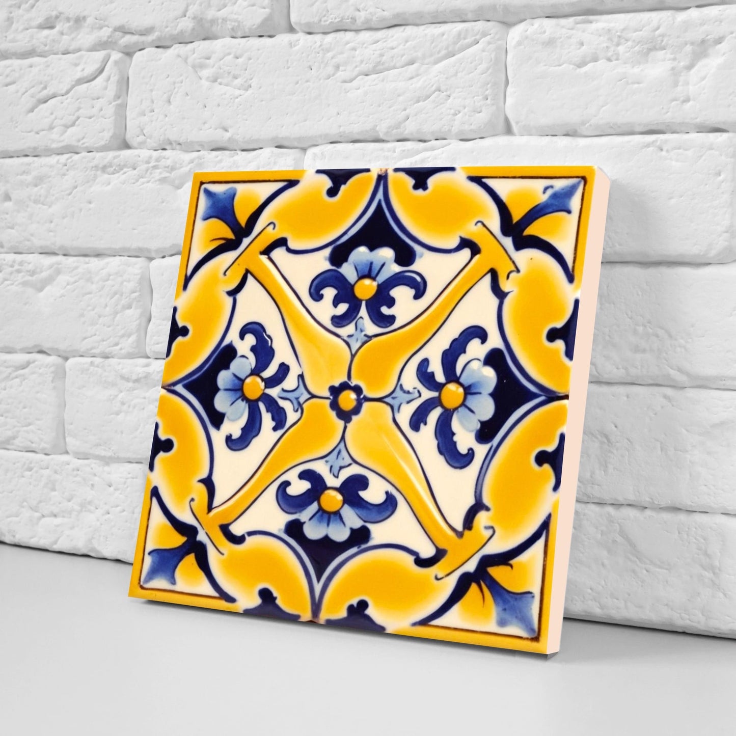 Spanish Ceramic Flower Tiles - Set of 2 Spanish Wall Decor Tiles - Kitchen Backsplash Tiles, Table Decorative Tiles, Bathroom Tiles, Coaster