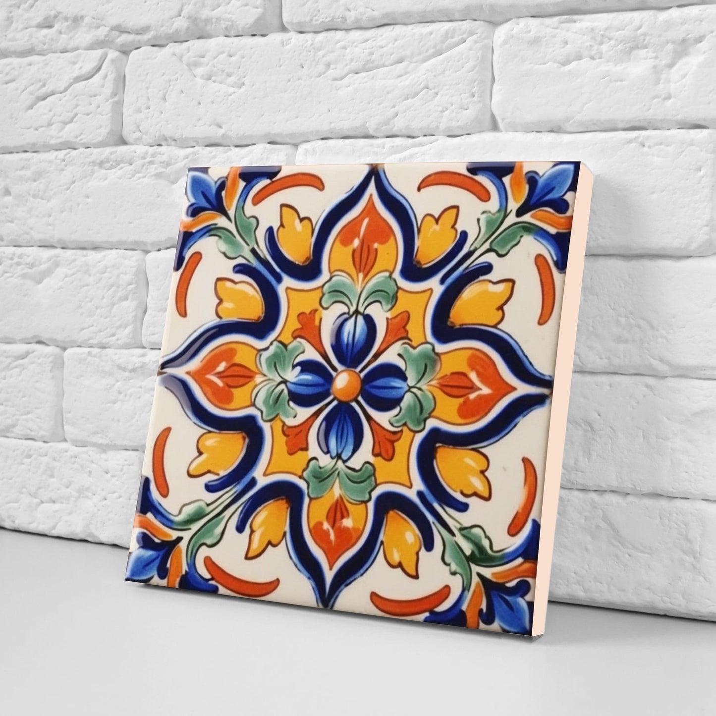 Spanish Ceramic Flower Tiles - Set of 2 Spanish Wall Decor Tiles - Kitchen Backsplash Tiles, Table Decorative Tiles, Bathroom Tiles, Coaster
